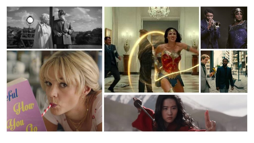 Collage showing the films Mank, Wonder Woman 1984, Ma Rainey's Black Bottom, Tenet, Promising Young Woman, and Mulan