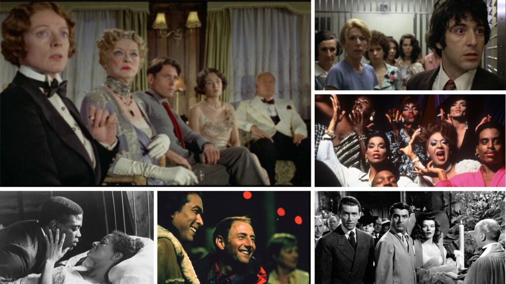 Collage showing the films Death on the Nile, Dog Day Afternoon, Paris is Burning, Ragtime, Big Eden, and The Philadelphia Story