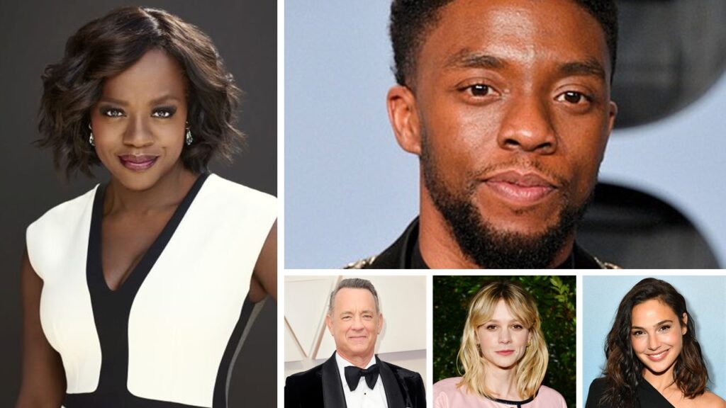 Collage showing Viola Davis, Chadwick Boseman, Tom Hanks, Carey Mulligan, and Gal Gadot