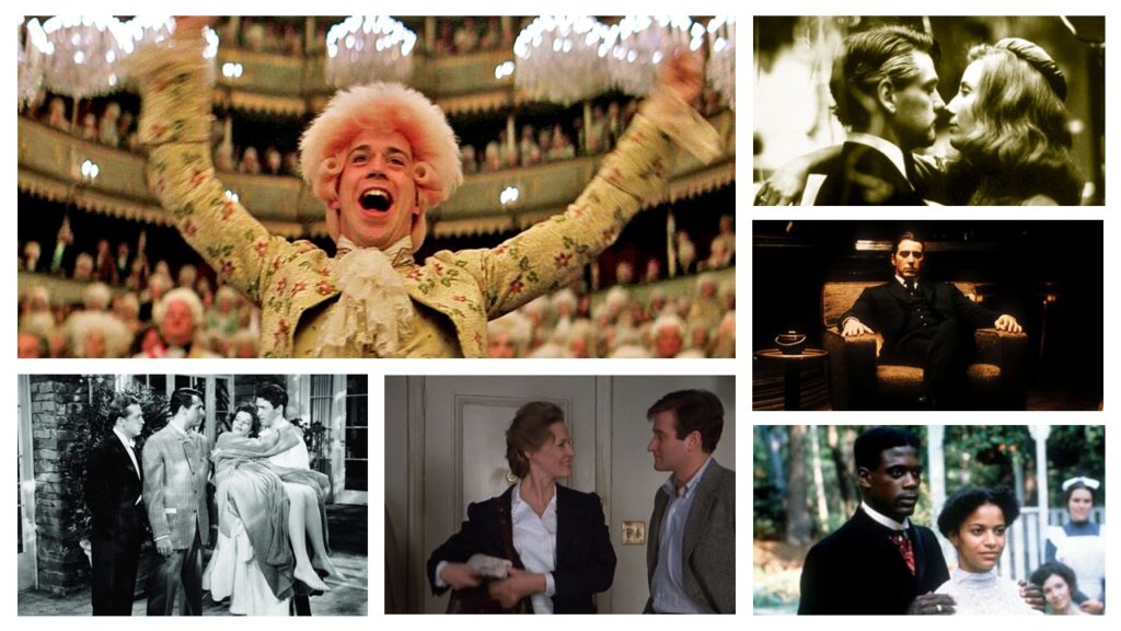 Collage of images from the films Amadeus, Dead Again, The Godfather: Part II, Ragtime, The World According to Garp, and The Philadelphia Story.