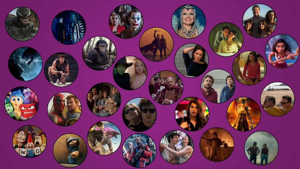 Collage with stills from 30 different 2024 movies in round bubbles.