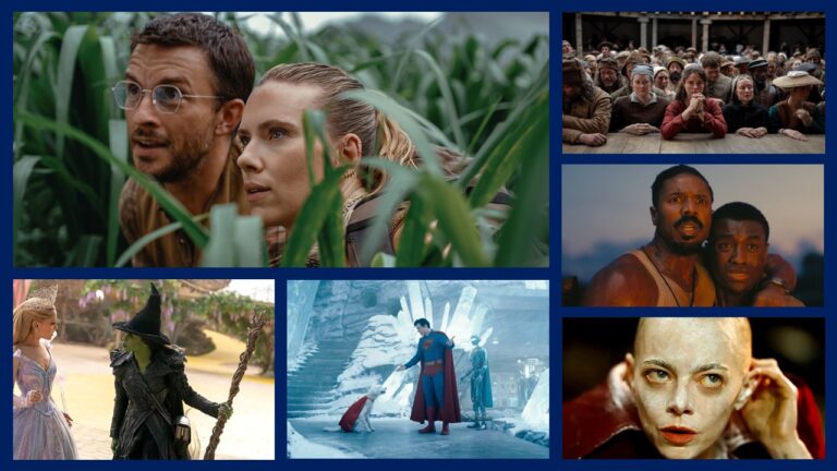 Collage of films released in 225, including: Jurassic World; Rebirth; Hamnet; Wicked: For Good; Superman; Sinners; and Begonia.
